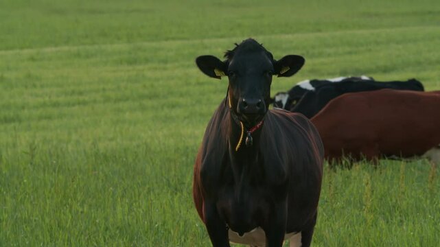 Black Cow Staring Angrily into Camera, Tense Animal on Farm