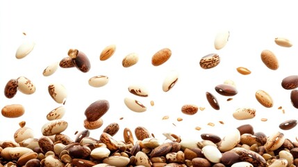 Obraz premium A variety of beans scattered against a white background, showcasing their colors and shapes.
