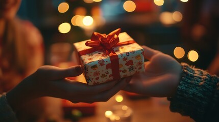 A close-up shot of a person offering a small gift wrapped in festive paper to a stranger, holiday charity event setting with decorated tables and cheerful volunteers visible, warm expressions,