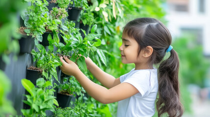 Fototapeta premium young girl is joyfully planting seedling in vertical garden, surrounded by lush greenery. Her expression reflects sense of wonder and connection to nature