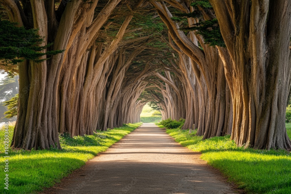 Poster a cypress tree-lined path in a serene park, their towering trunks creating a natural tunnel