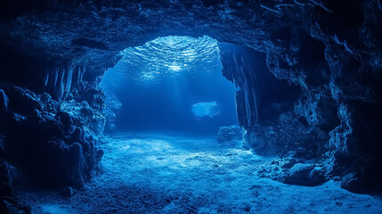 Underwater Cave: A mysterious and captivating underwater cave, showcasing the intricate rock formations and marine environment.