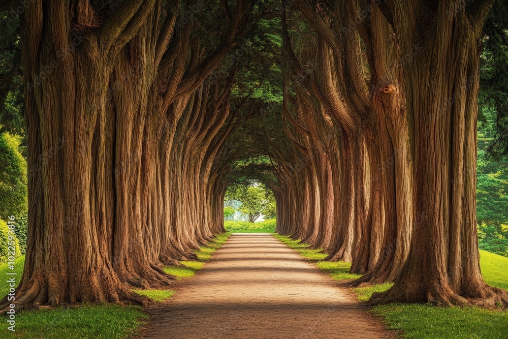 Poster a cypress tree-lined path in a serene park, their towering trunks creating a natural tunnel