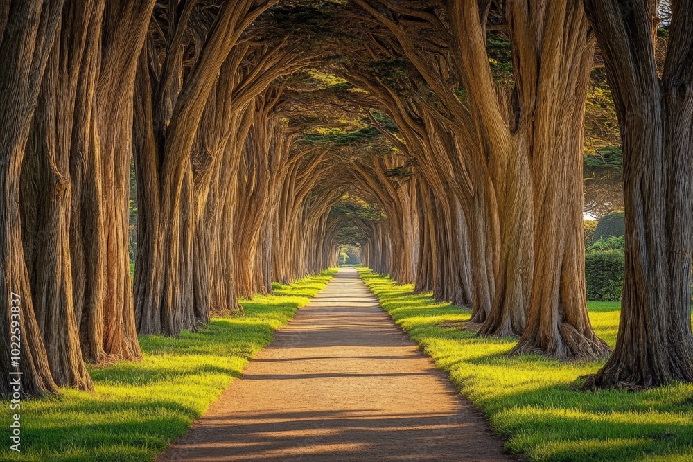 Poster a cypress tree-lined path in a serene park, their towering trunks creating a natural tunnel