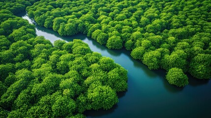 Aerial view of a lush green mangrove forest. The image can be used to illustrate the importance of protecting natural habitats.