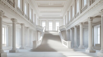 Naklejka premium Full white themed heavenly majestic palace with long stairs, bright lights shine through windows make fantasy godly interior view