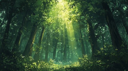 Fototapeta premium A dense forest filled with towering trees, sunlight filtering through the thick canopy