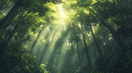A dense forest filled with towering trees, sunlight filtering through the thick canopy