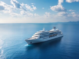 Cruise ship going through sea water, luxury white large tourist transport vehicle, blue ocean and sky