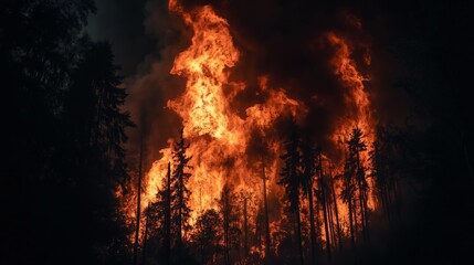 Naklejka premium Wildfire and Forest Fire - Intense Flames, Destruction, and Smoke in Nature's Inferno Captured with Dramatic Imagery of Burning Trees and Landscapes