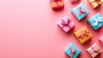 Gifts on pink background, colorful presents. Perfect for birthday, holidays, or celebration.