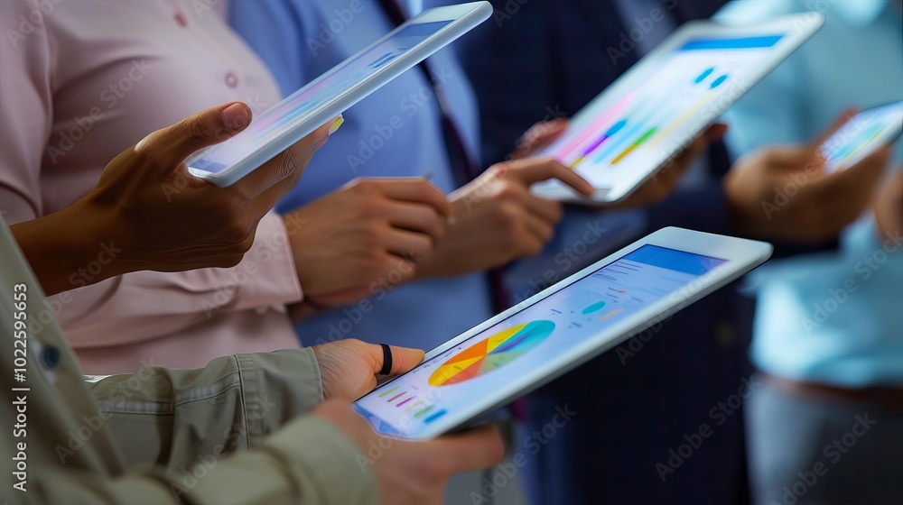 Poster close-up of diverse business professionals collaborating and analyzing graphs on digital tablets in 