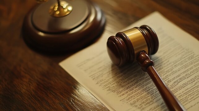Gavel resting on legal document, symbolizing justice and law