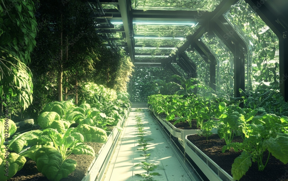 Poster a futuristic microclimate farming system with rows of vegetables thriving under precise conditions