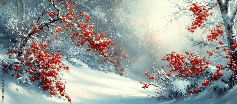 Poster a snowy forest scene with red berries on the branches of trees. the sun shines brightly through the 