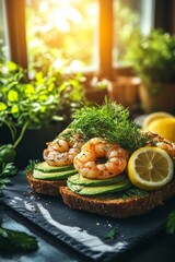 Una tostada cubierta con rodajas de aguacate y camarones frescos, decorada con eneldo y una rodaja de lim&oacute;n, servida junto a una ventana iluminada por luz natural.
