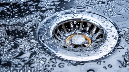 Water flowing down drain. This photo shows the flow of water down a drain, perfect for use in plumbing, cleaning, or water-related projects.