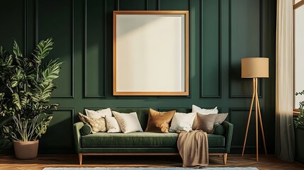 Living room cozy green design with a sofa and a blank free space banner on the wall, copy space hanging on the wall, green theme interior design with unique furniture