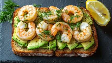 Tostadas cubiertas con rodajas de aguacate fresco y camarones, adornadas con eneldo y acompa&ntilde;adas de una rodaja de lim&oacute;n, servidas sobre una tabla negra.

