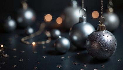 Fototapeta premium Elegant silver Christmas ornaments with sparkling details on a dark background for festive holiday decorations