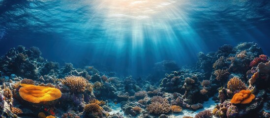 Fototapeta premium Sunbeams shine through clear blue water onto a colorful coral reef.