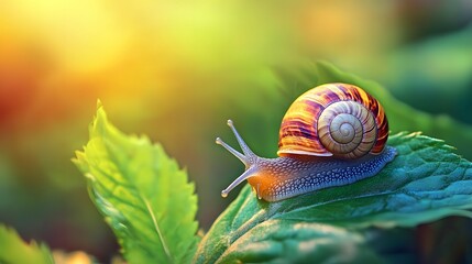 A snail crawling on the leaf of a green plant, Generative AI