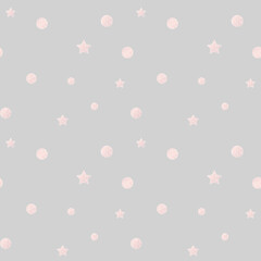 Seamless children's holiday polka dot pattern. Pink polka dots and stars on a light gray background.