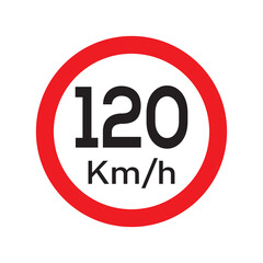 Speed limit 120 KM highway sign. One hundred twenty kilometers per hour traffic road symbol. Restriction sign for car drivers not to exceed the speed over 120 kilometers per hour. Vector illustration.