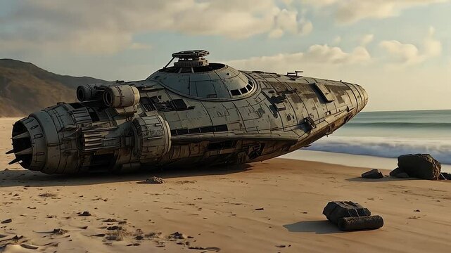 Abandoned Spaceship Wreck on a Deserted Beach, its journey cut short by unknown forces.