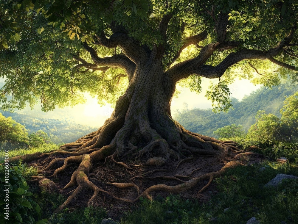 Poster a large tree with roots visible above ground, intertwining with the earth and other trees