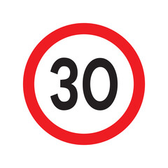 Speed limit 30 traffic sign. Restriction symbol for car drivers. Road speed limit maximum 30 kmh or mph isolated on white background. Vector illustration.