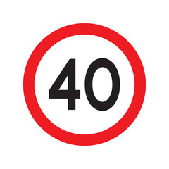 Speed limit 40 traffic sign. Restriction symbol for car drivers. Road speed limit maximum 40 kmh or mph isolated on white background. Vector illustration.