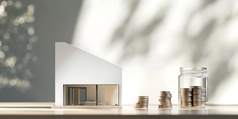 Obraz premium Little minimalist house and a jar of golds next to each other, stack of golden coins on a table with defocused background, real estate and housing concept design