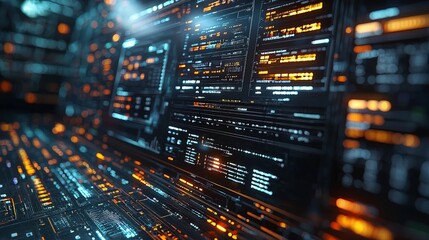 A futuristic digital interface with glowing data panels and interconnected elements.