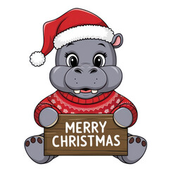 A cartoon of a hippo holding a sign that says merry christmas.