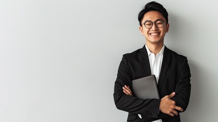 Happy and confident Chinese Girl with a dark brown document case in her hand against White wall waiting in formal dress in office environment , Best Job Candidate 