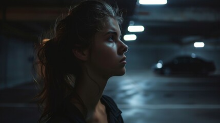 A woman with long hair is standing in a parking lot