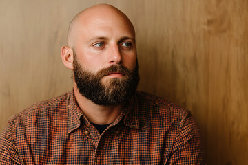 Obraz premium A thoughtful man with a beard gazes into the distance, seated against a wooden backdrop.
