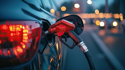 Car being filled with fuel at a gas station. This image is perfect for articles about the rising cost of gas.