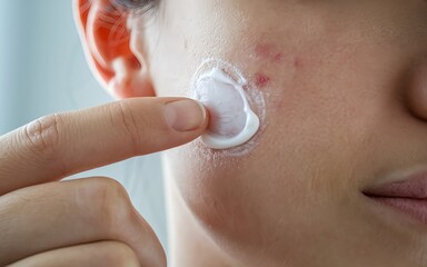 woman hand apply acne cream on skin with red spot