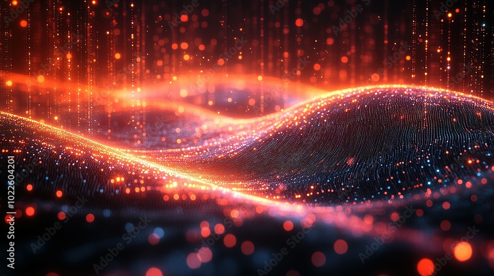 Poster abstract digital landscape with glowing particles and bokeh effects
