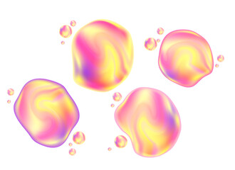 Glowing liquid pink iridescent 3D bubbles or fluid foam droplets isolated on transparent background. Aesthetic holographic composition for cosmetology, beauty science, skin care molecular concept.