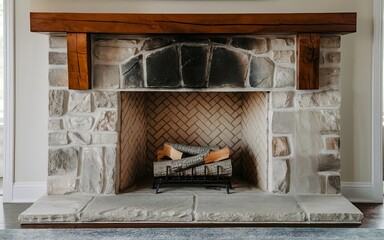 Cold stone fireplace with unlit raw wooden log