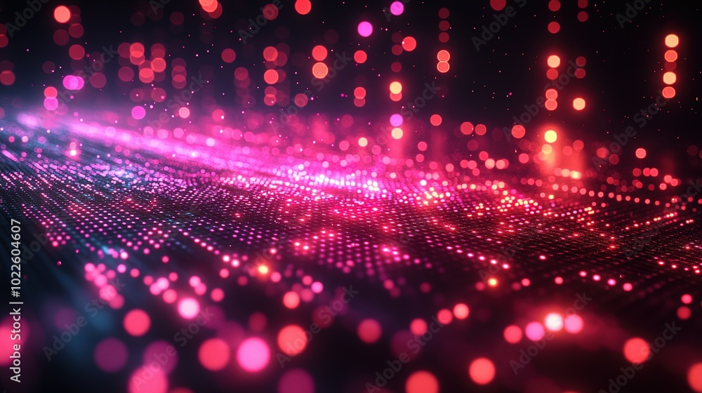 Poster abstract background with pink and red bokeh lights and a grid of sparkles