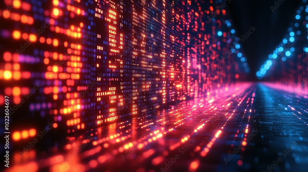 Poster abstract digital corridor with glowing binary code and lights