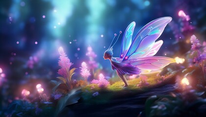 A little fairy with wings that blends with nature in a fantasy background