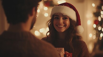 A person in a Santa hat holding a gift box behind their back, surprising a friend wearing a matching Santa hat, blurred holiday decorations in the background, expressions of joy and excitement,