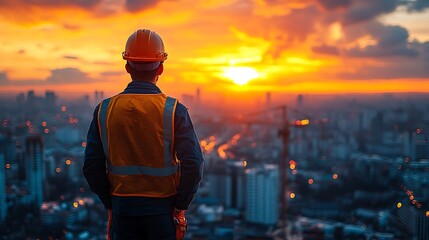 Fototapeta premium Construction worker in hard hat looks out over a cityscape at sunset.