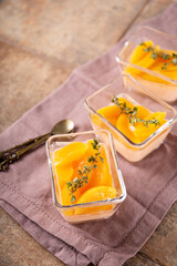 Traditional Italian dessert panna cotta with peaches, vertical photo