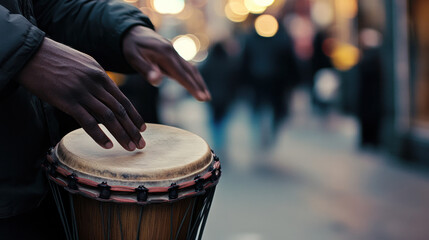 Obraz premium man’s hand playing a bongo drum on the sidewalk, with soft focus on his hand and the drum while the surrounding street scene fades into a blur